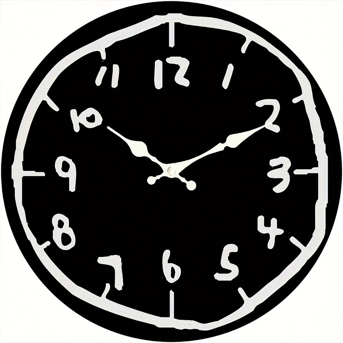 Round cartoon doodle wall clock with hand-drawn style numbers and sketch-like outline in black and white.