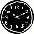 Round cartoon doodle wall clock with hand-drawn style numbers and sketch-like outline in black and white.