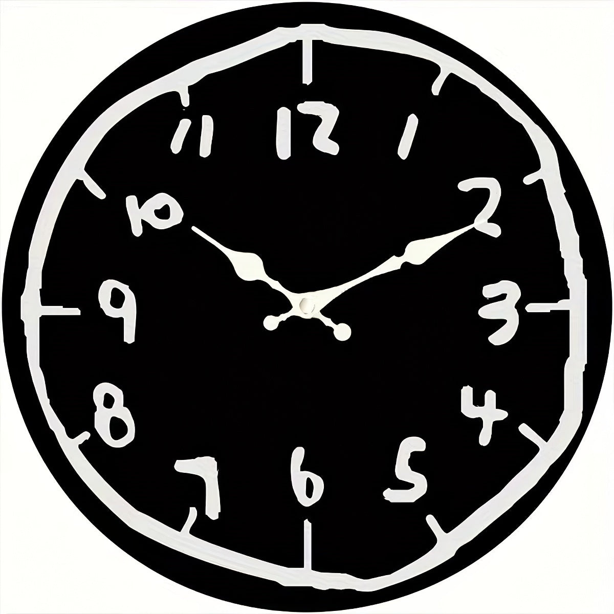 Round cartoon doodle wall clock with hand-drawn style numbers and sketch-like outline in black and white.