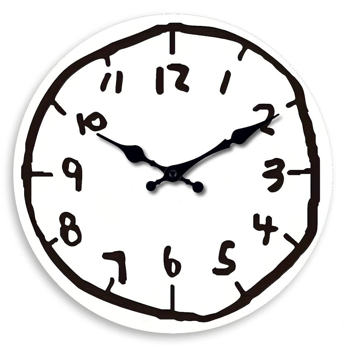 Round cartoon doodle wall clock with hand-drawn style numbers and sketch-like outline in black and white.