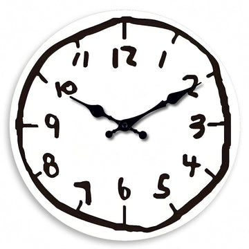 Round cartoon doodle wall clock with hand-drawn style numbers and sketch-like outline in black and white.