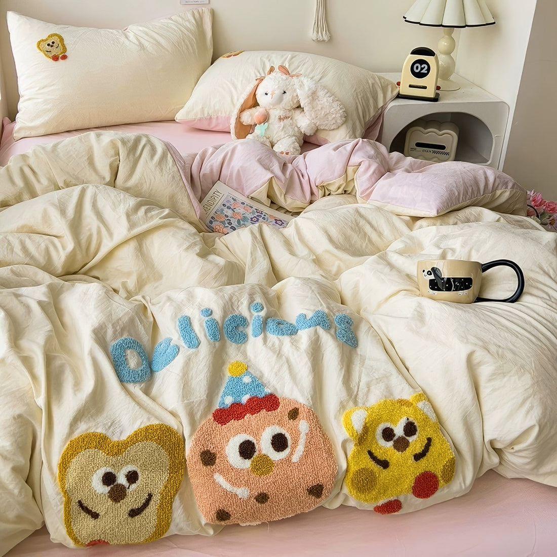 kawaii aesthetic bedding duvet cover set with embroidered cartoon cookies in pastel colors