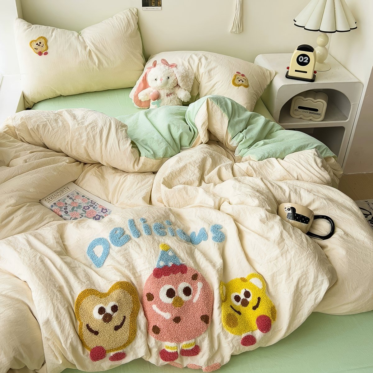 kawaii aesthetic bedding duvet cover set with embroidered cartoon cookies in pastel colors