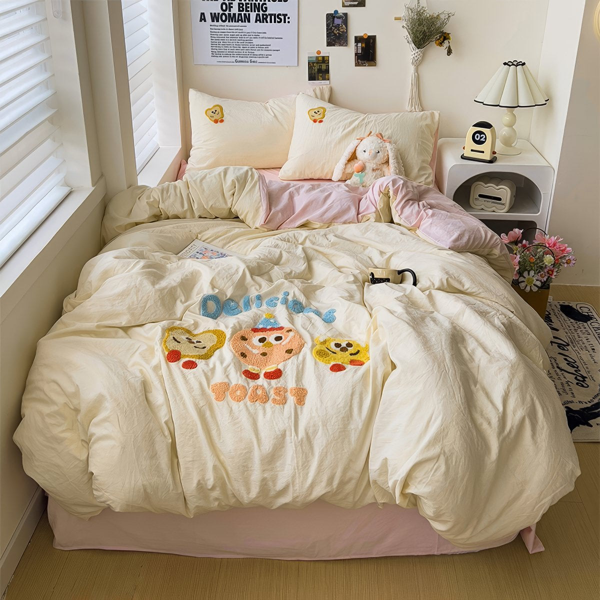 kawaii aesthetic bedding duvet cover set with embroidered cartoon cookies in pastel colors