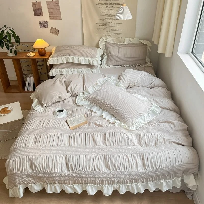 chic girl ruffle laces solid color bedding set roomtery