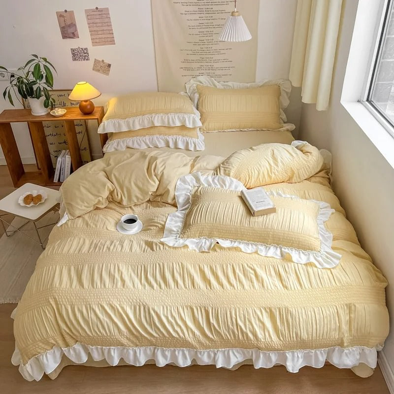 chic girl ruffle laces solid color bedding set roomtery