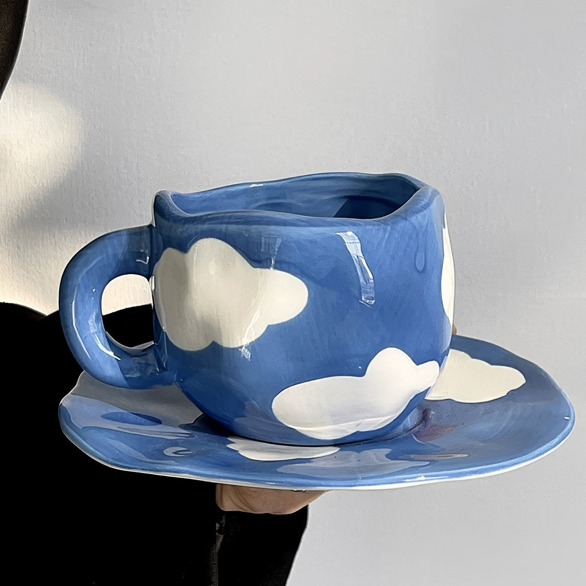 blue sky and white clouds handmade ceramic coffee cup 