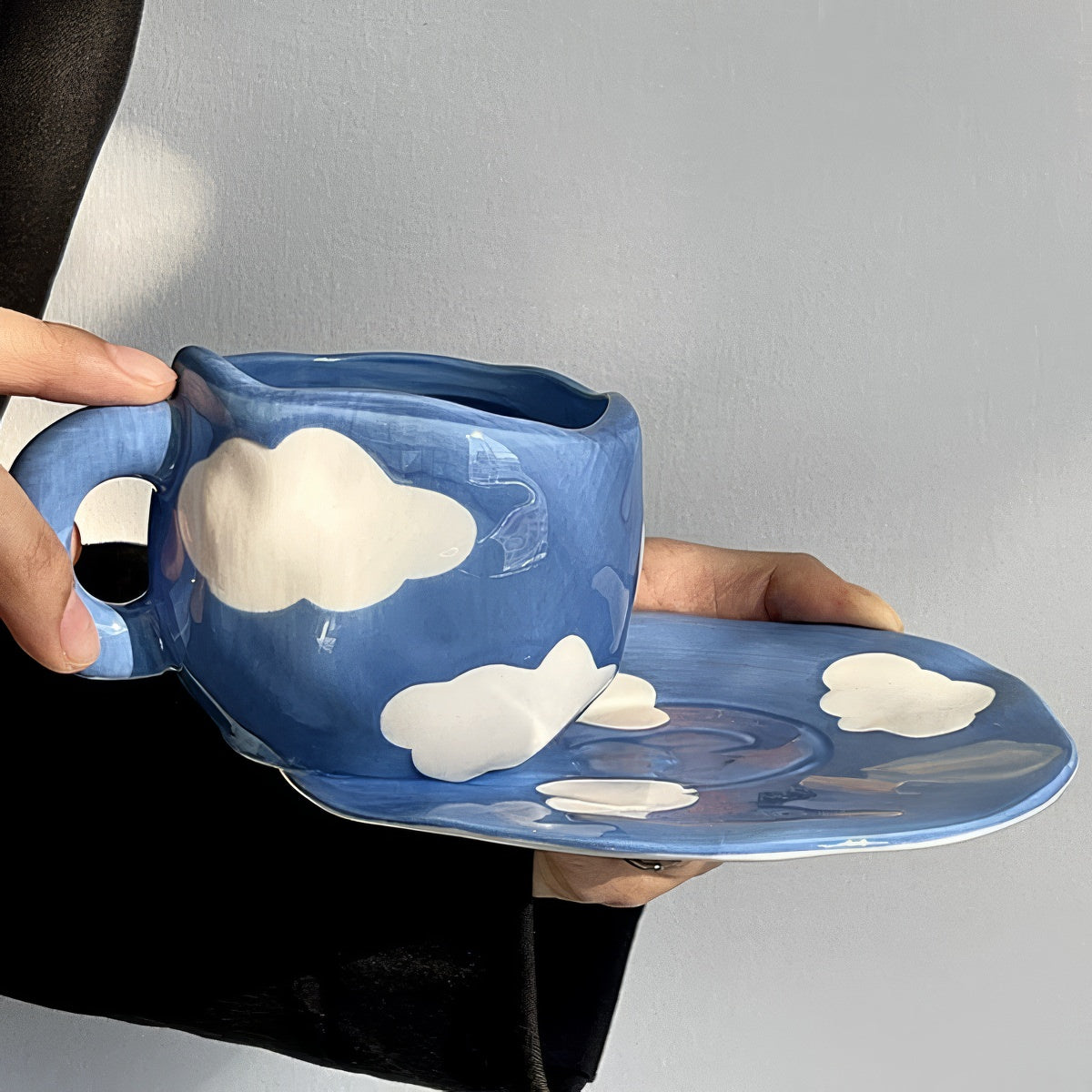 blue sky and white clouds handmade ceramic coffee cup 