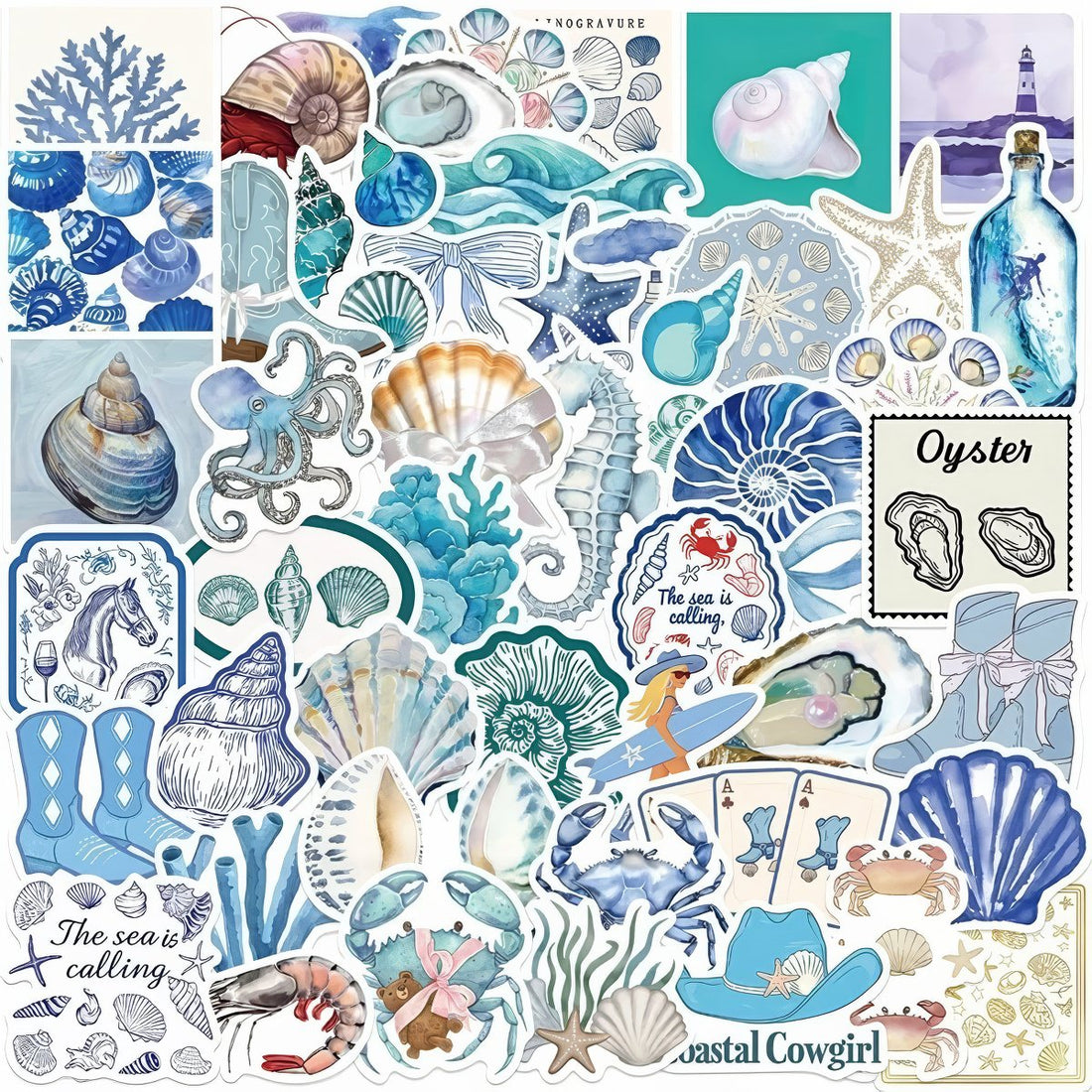 Collection of sea-themed coastal cowgirl aesthetic stickers with various oceanic elements.