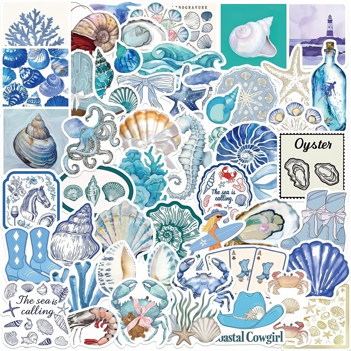 Collection of sea-themed coastal cowgirl aesthetic stickers with various oceanic elements.