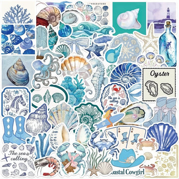 Collection of sea-themed coastal cowgirl aesthetic stickers with various oceanic elements.