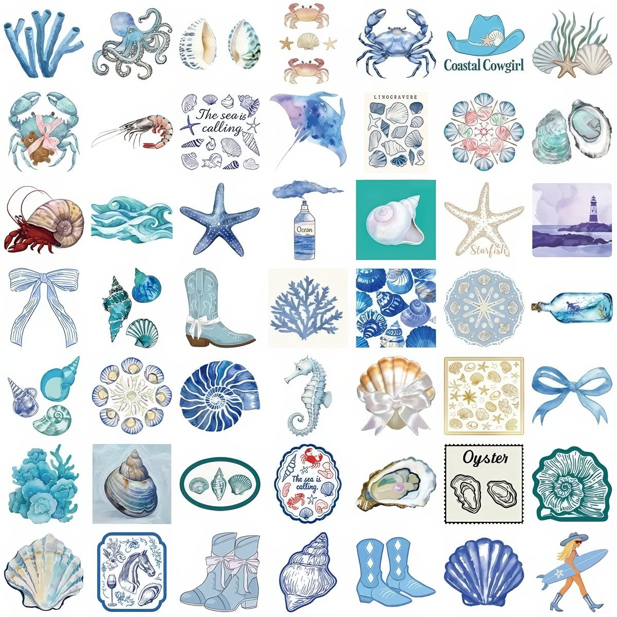 Collection of sea-themed coastal cowgirl aesthetic stickers with various oceanic elements.