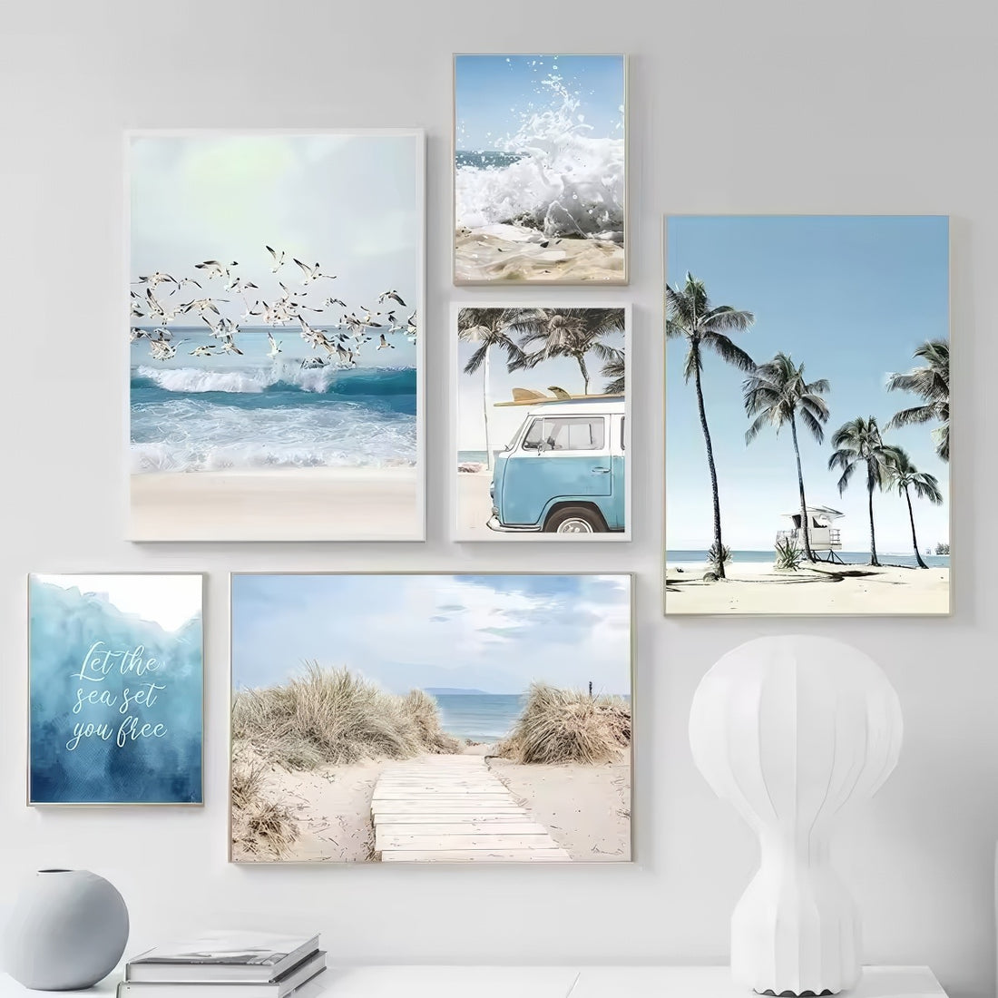 Coastal boho aesthetic wall art gallery set with ocean waves, sandy paths, palm trees, vintage van, and beach photography in blue and beige tones.