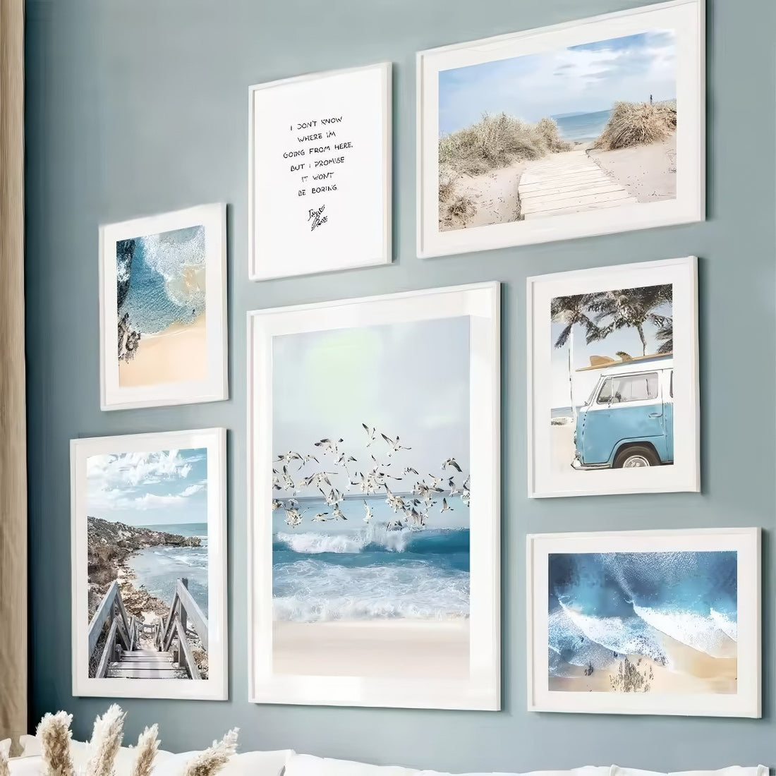 Coastal boho aesthetic wall art gallery set with ocean waves, sandy paths, palm trees, vintage van, and beach photography in blue and beige tones.