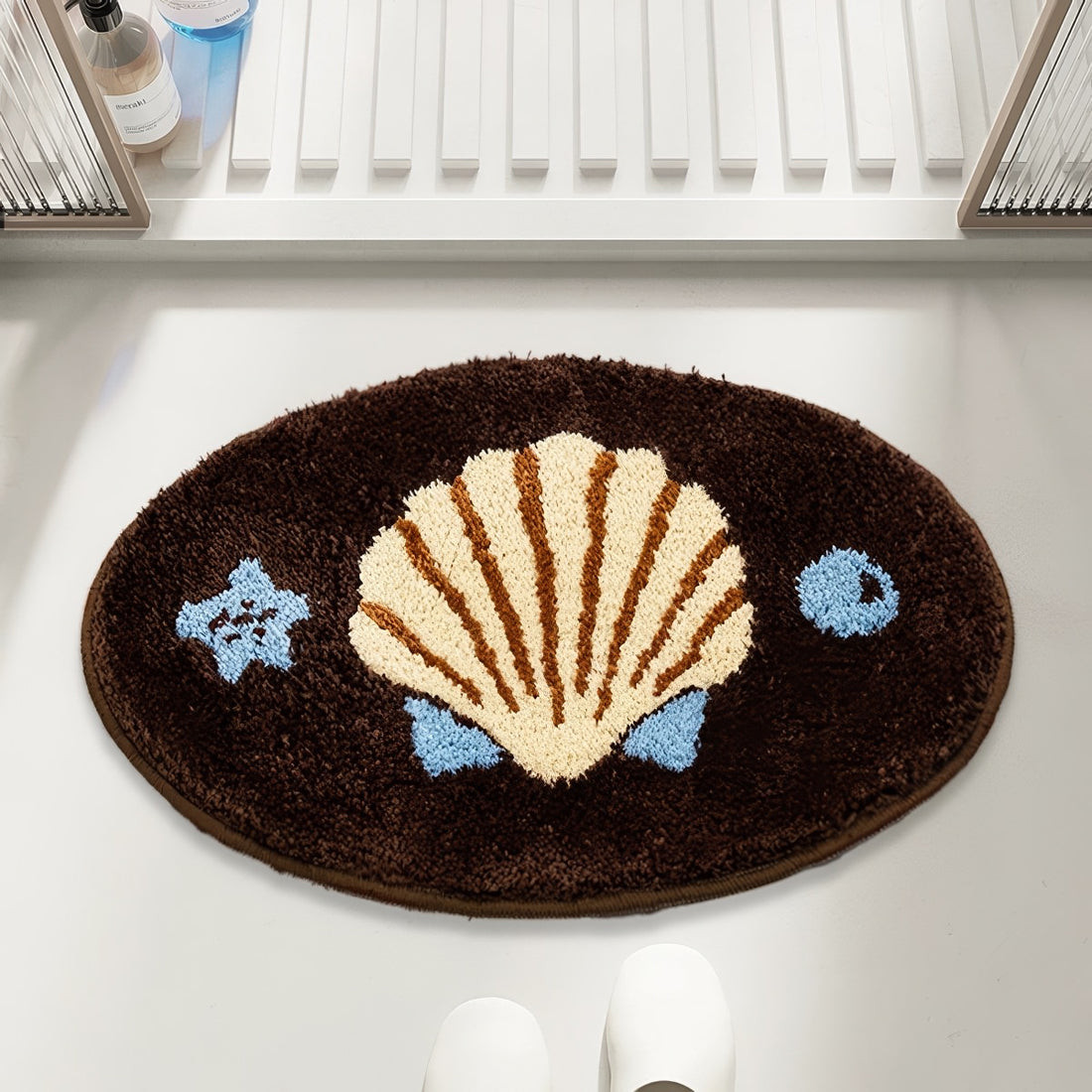 coconut girl aesthetic brown, beige and blue seashell tufted accent rug 