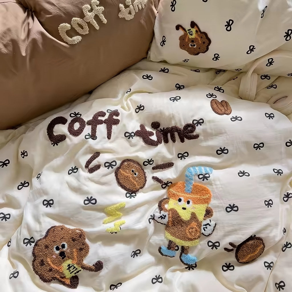 kawaii aesthetic embroidered coffee time bedding ducet cover set