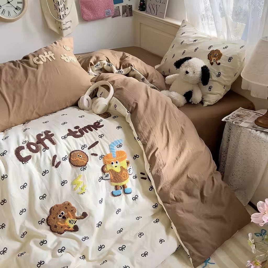 kawaii aesthetic embroidered coffee time bedding ducet cover set