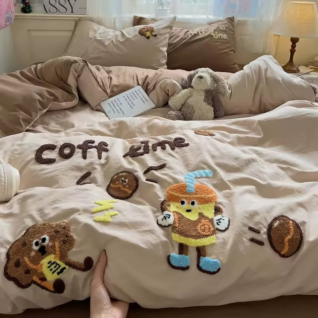 kawaii aesthetic embroidered coffee time bedding ducet cover set