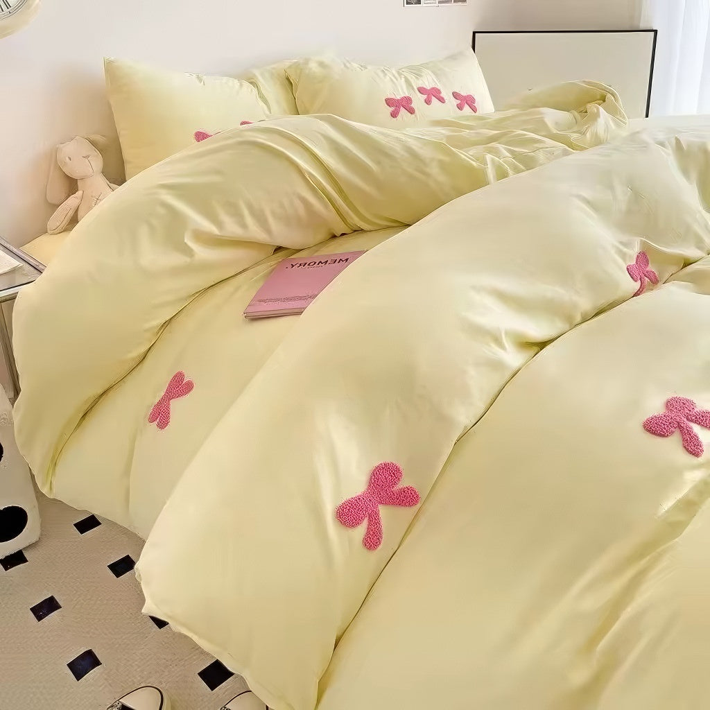 coquette aesthetic bedding duvet cover set with cute embroidered bows 