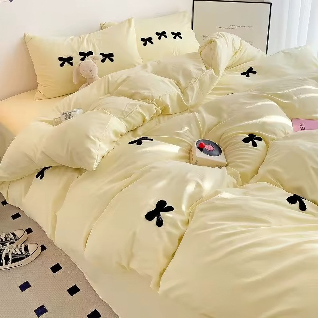 coquette aesthetic bedding duvet cover set with cute embroidered bows 