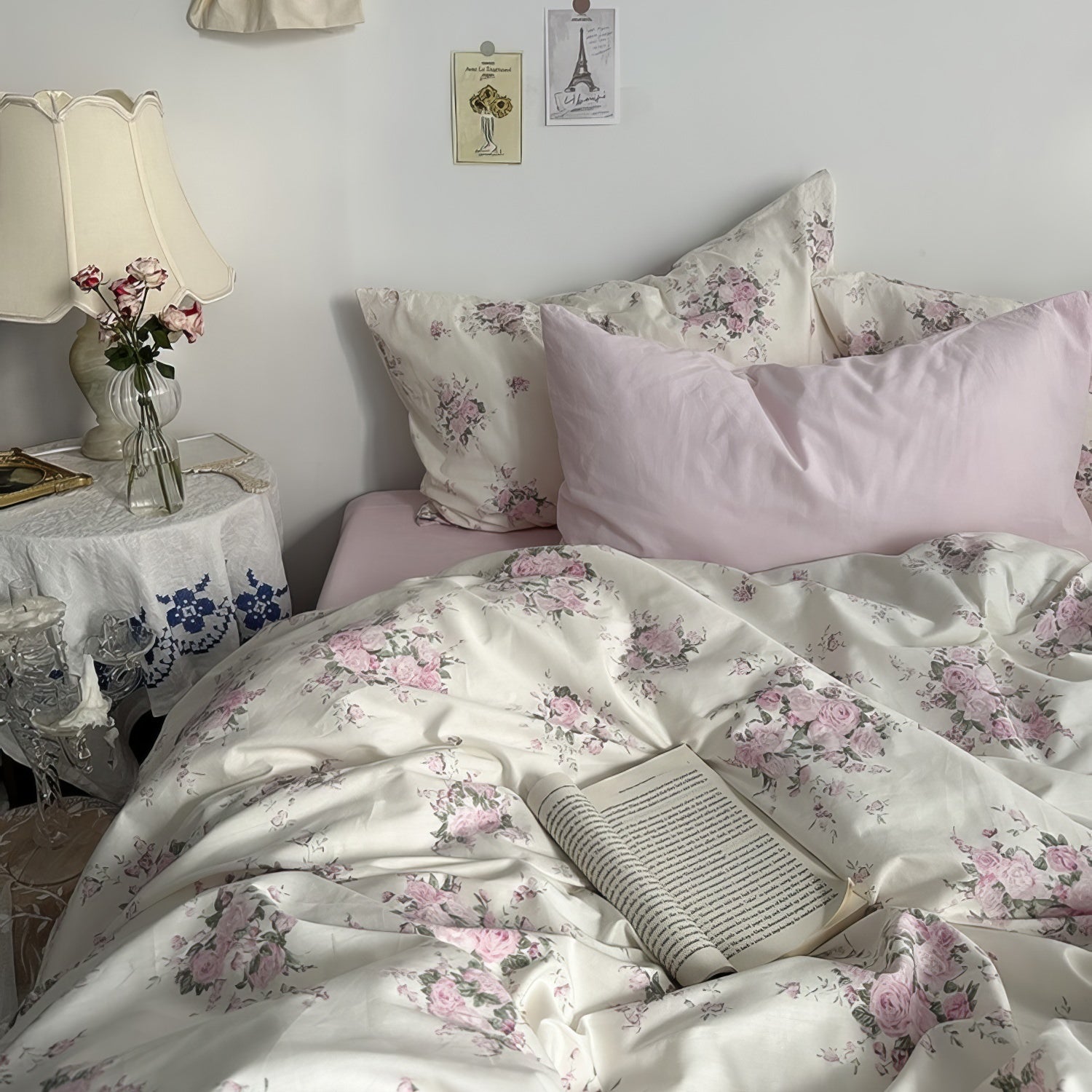 coquette aesthetic blooming pink roses print bedding duvet cover set roomtery