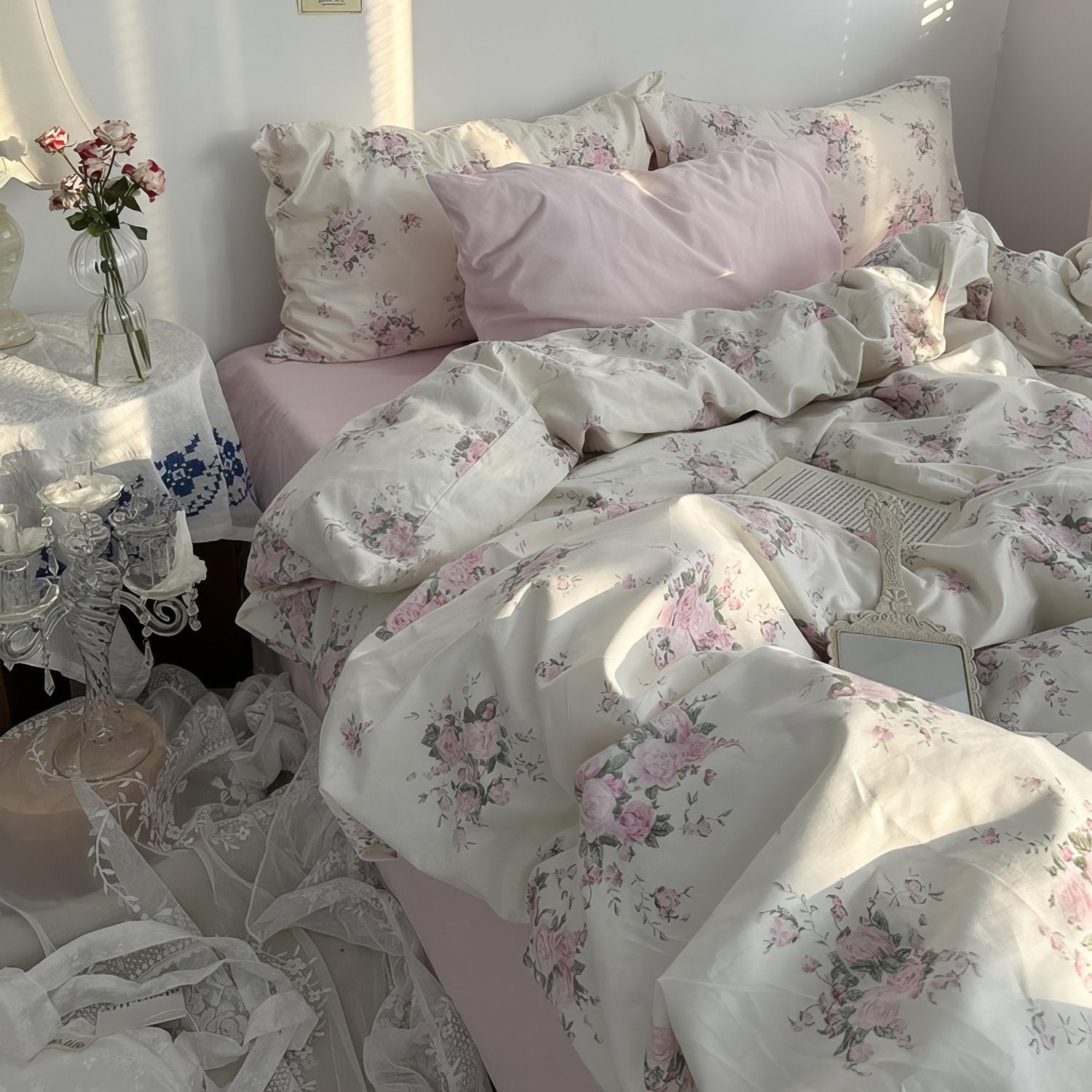 coquette aesthetic blooming pink roses print bedding duvet cover set roomtery