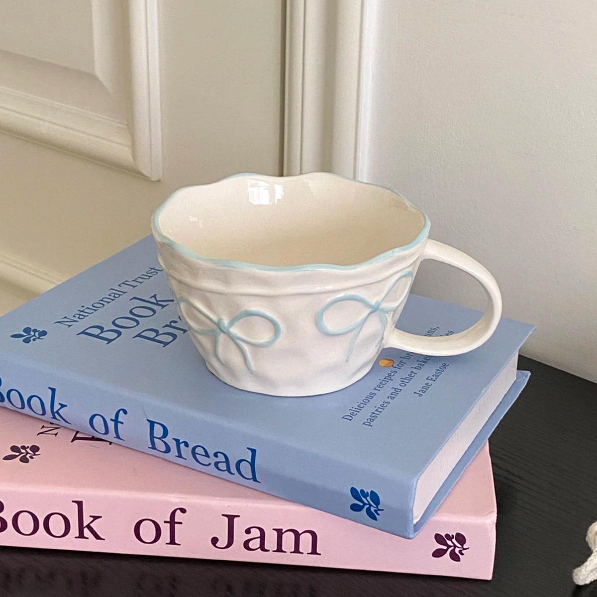 coquette aesthetic ceramic cup with bows 
