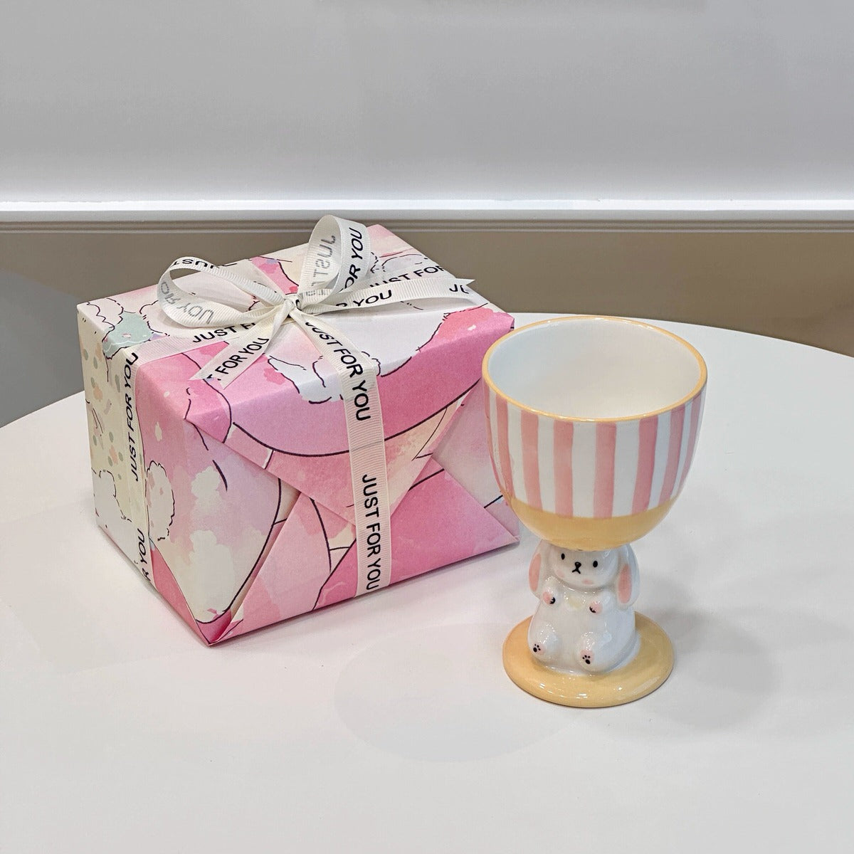 coquette aesthetic ceramic bunny pedestal cute checkered and striped cup