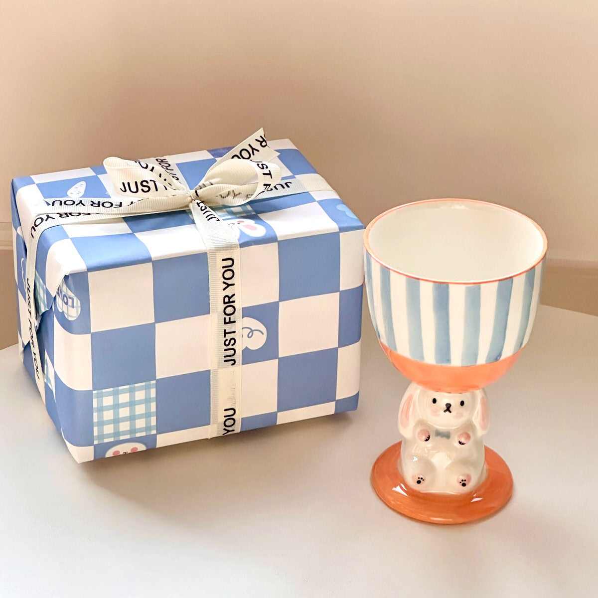 coquette aesthetic ceramic bunny pedestal cute checkered and striped cup