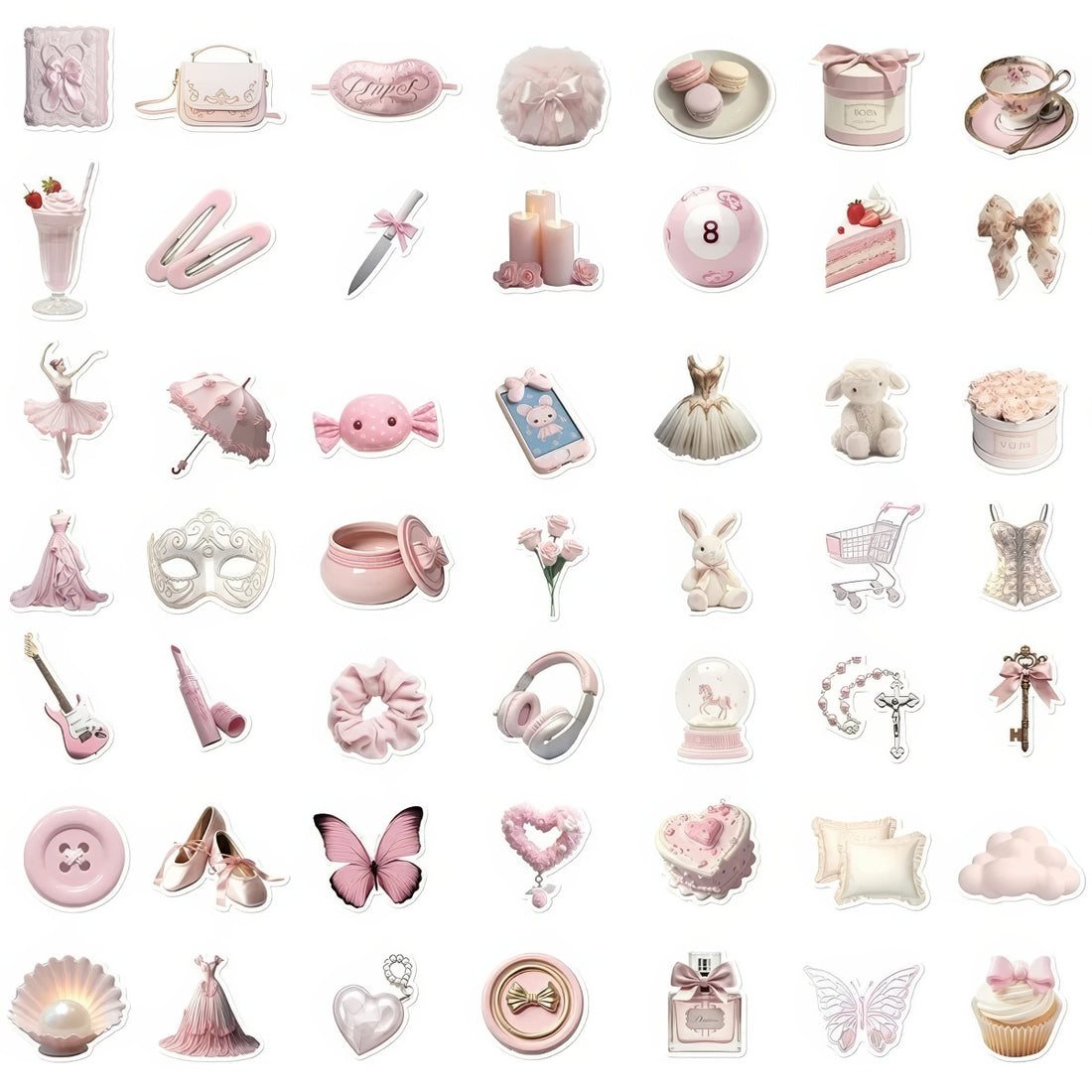 Collection of pink-themed coquette aesthetic stickers featuring various objects like dresses, butterflies, and a radio.