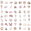 Collection of pink-themed coquette aesthetic stickers featuring various objects like dresses, butterflies, and a radio.