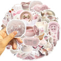 Collection of pink-themed coquette aesthetic stickers featuring various objects like dresses, butterflies, and a radio.