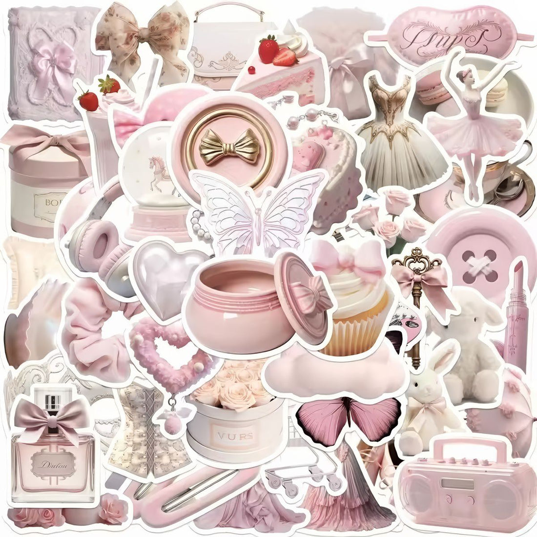 Collection of pink-themed coquette aesthetic stickers featuring various objects like dresses, butterflies, and a radio.