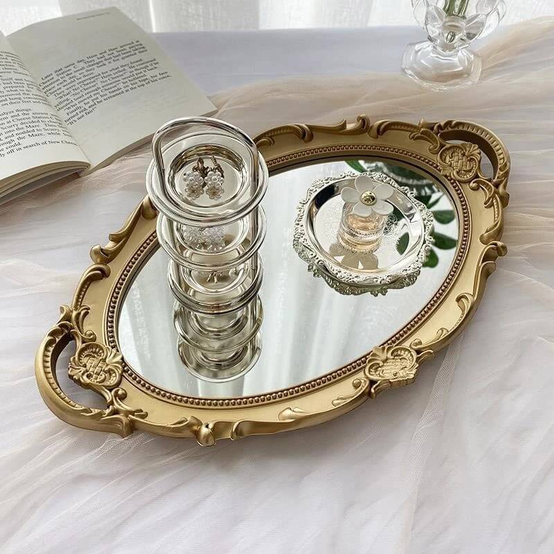 vintage openwork gold-plated coquette aesthetic storage tray with mirror