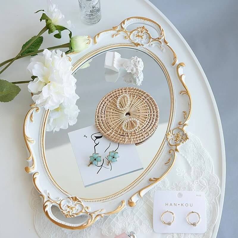vintage openwork gold-plated coquette aesthetic storage tray with mirror