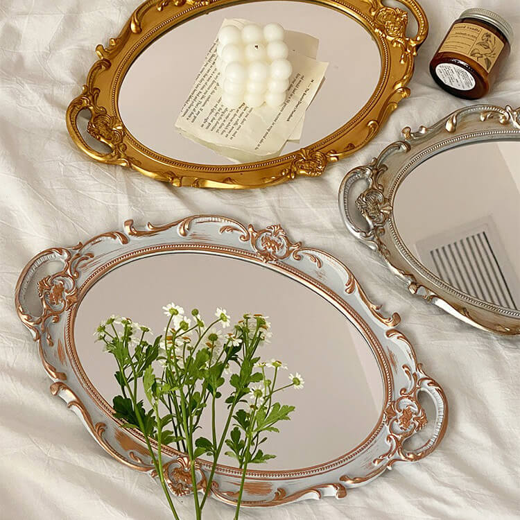 vintage openwork gold-plated coquette aesthetic storage tray with mirror