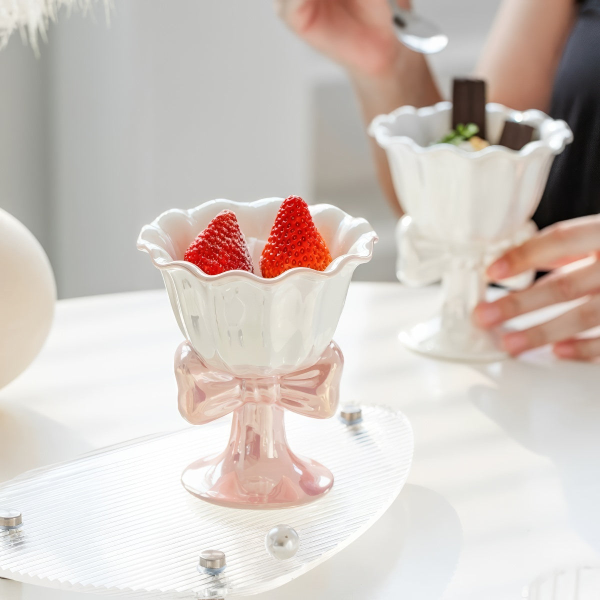 coquette mug, bow mug, ice cream cup, ceramic dessert cup, pastel kitchenware, coquette aesthetic, cute mug, girly ice cream cup, scalloped rim cup, romantic tableware