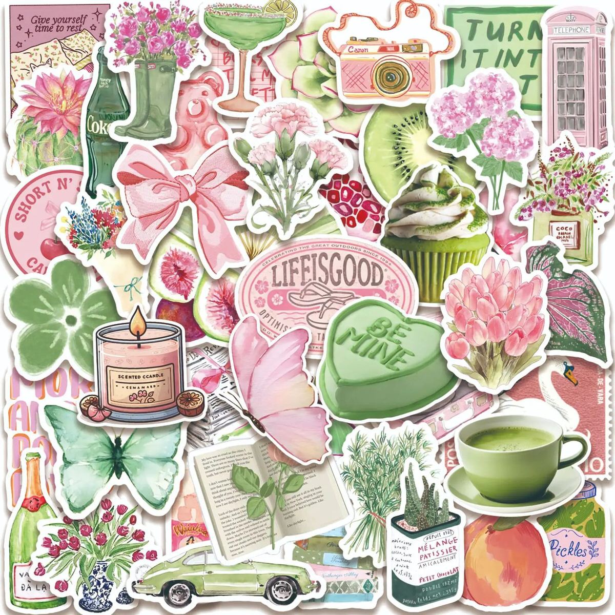 coquette aesthetic pink and sage green spring themed sticker pack