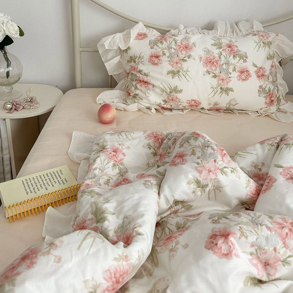 Pink Floral Ruffles Duvet Cover Set | French Floral Gentle Bedding | Aesthetic Bedding hot | Cottagecore Bedding | Full Queen King Duvet Cover