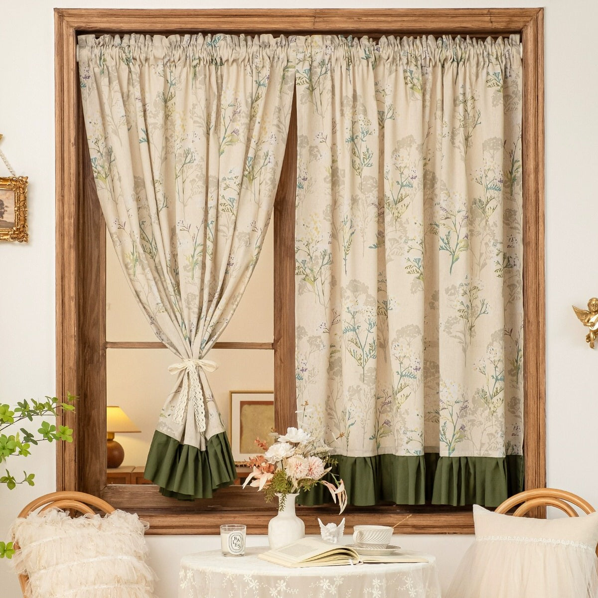 cottagecore aesthetic green floral garden print draped curatins 