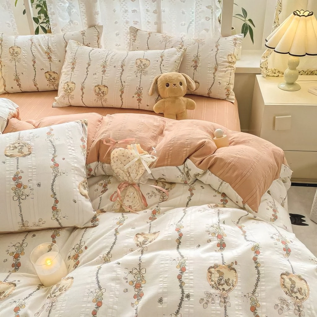 cottagecore aesthetic bedding duvet cover set in light brown shades with floral print