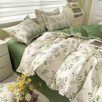 Green Duvet Cover Set, Floral Bedding Ruffle, Full Queen Bed Set, Apartment  Bedroom Aesthetic, Retro Cotton Bedding, Flower Pattern Duvet 