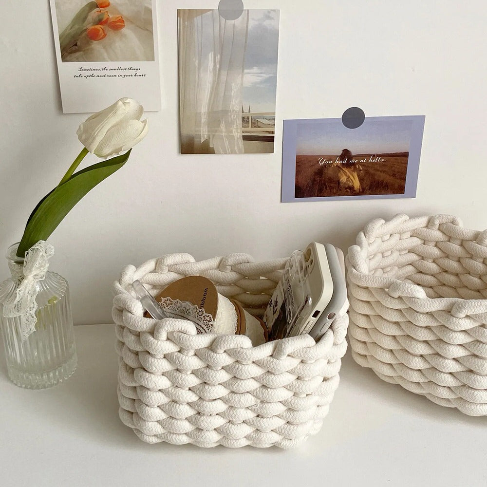 woven cotton rope desk organizer basket storage box vanilla girl aesthetic room decor roomtery