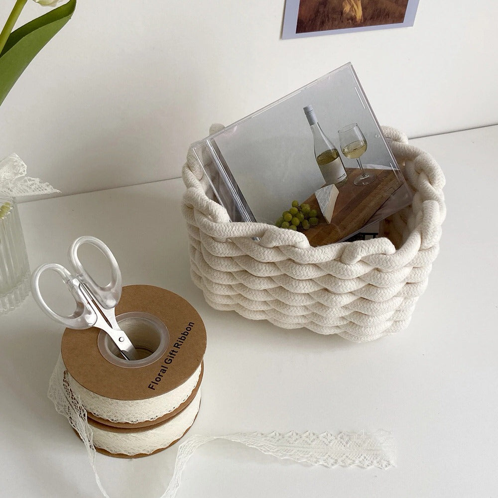 woven cotton rope desk organizer basket storage box vanilla girl aesthetic room decor roomtery