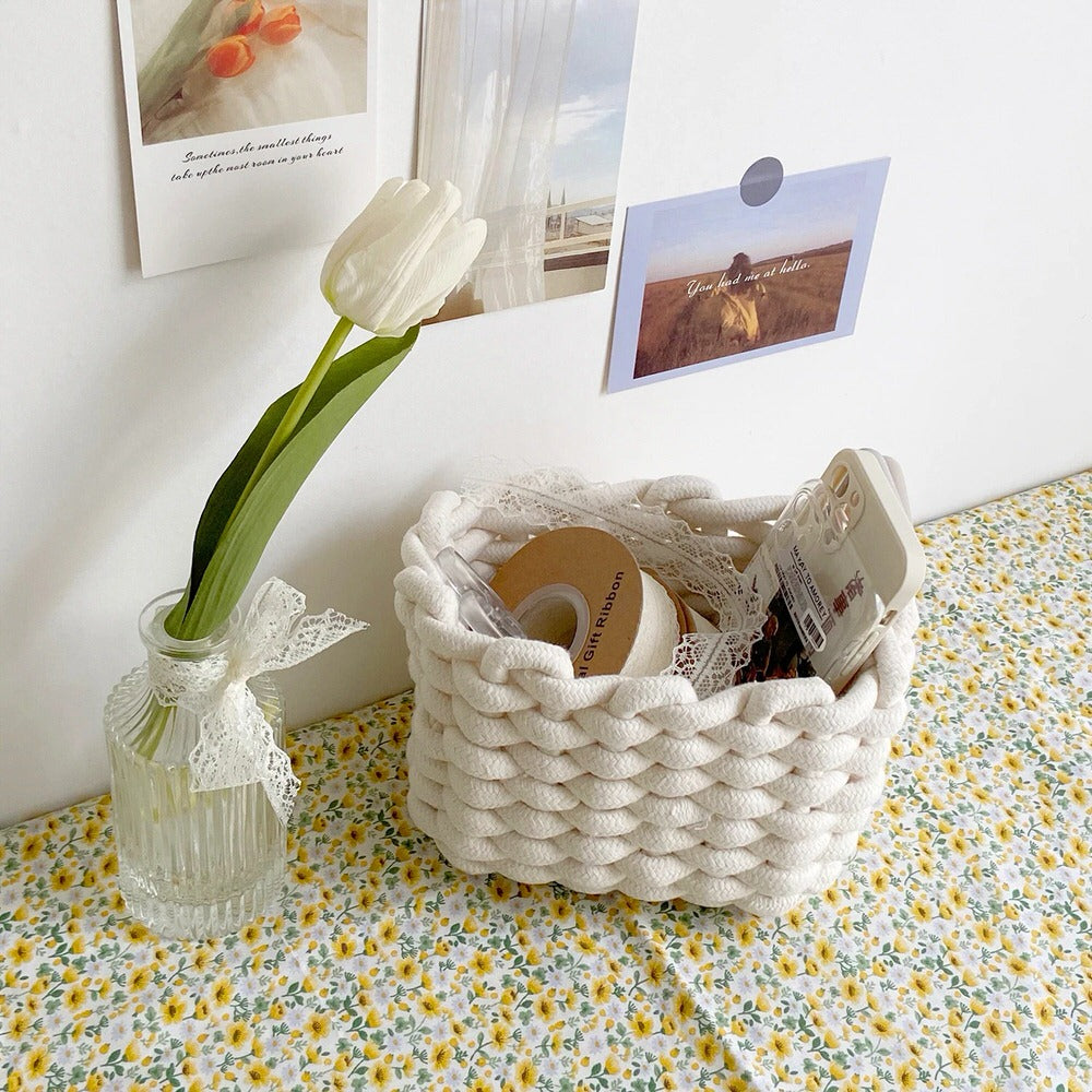 woven cotton rope desk organizer basket storage box vanilla girl aesthetic room decor roomtery