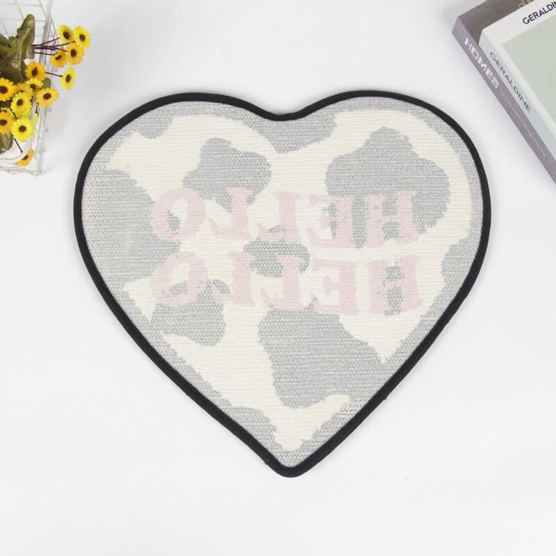 "hello hello" cow print heart shaped accent rug y2k aesthetic roomtery