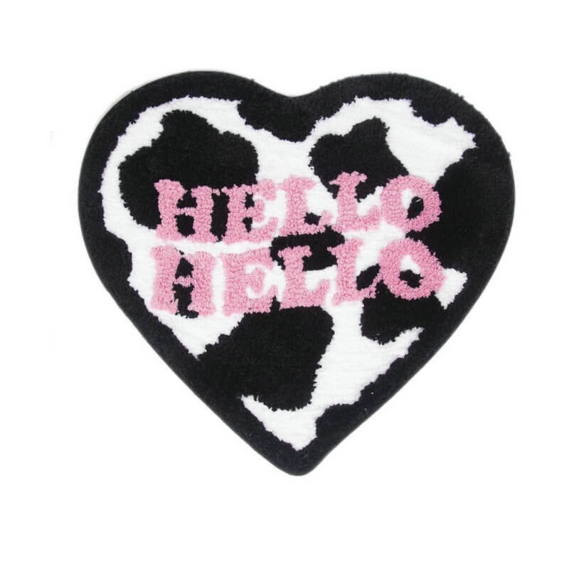 "hello hello" cow print heart shaped accent rug y2k aesthetic roomtery