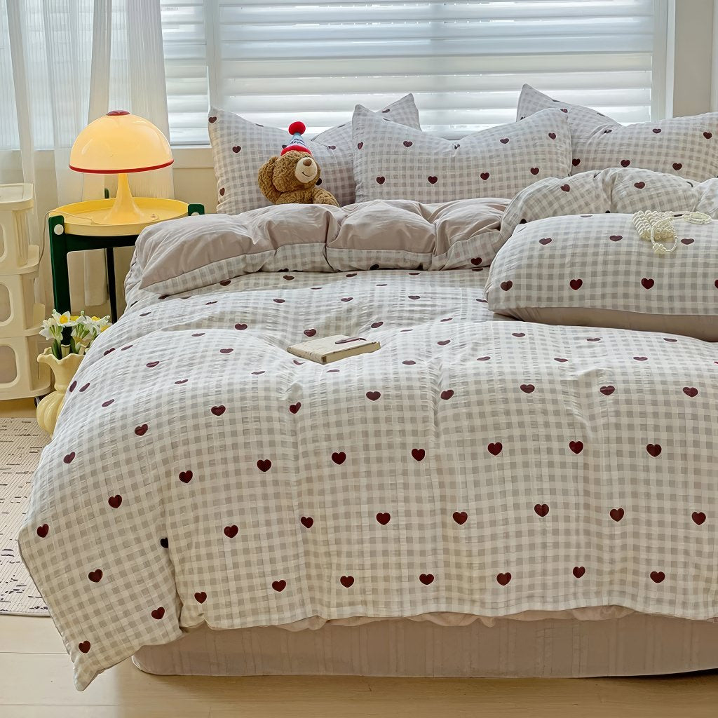 red hearts on gentle beige color gingham pattern print bedding duvet cover set 