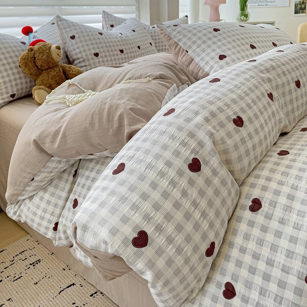 red hearts on gentle beige color gingham pattern print bedding duvet cover set 