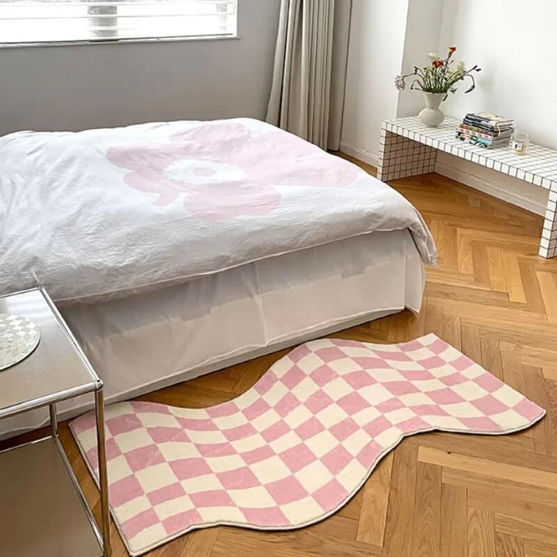 curvy edge pastel checker bedside rug bedroom decor roomtery